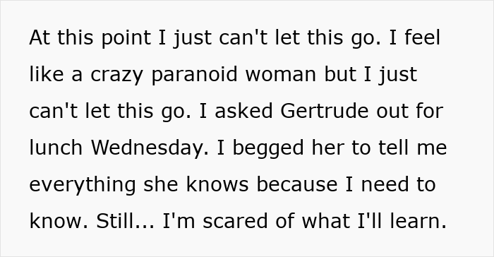 Text on a white background expressing fear and paranoia about a husband and best friend cheating, seeking the truth.