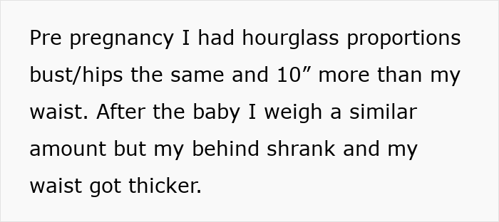 Text showing a woman describing body changes after pregnancy, including weight and waist measurements, highlighting postpartum struggles.