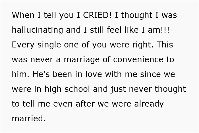 Text on white background about a woman realizing her high school bestie husband was always in love, beyond marriage of convenience.
