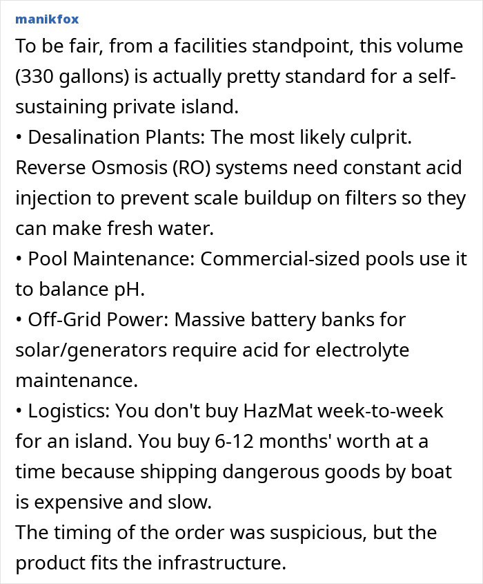Comment discussing 330 gallons of sulfuric acid purchase for Epstein Island during FBI probe, explaining possible uses.