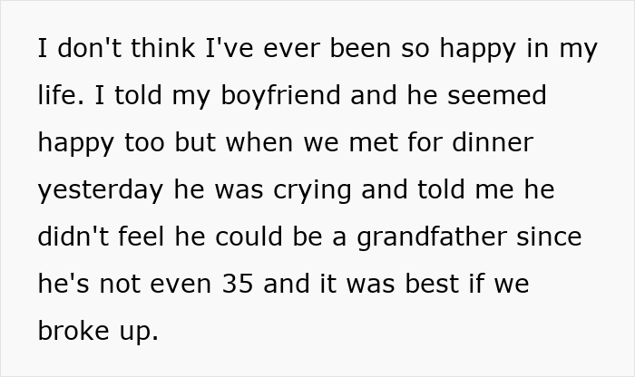 Text about boyfriend breakup and new grandma drama where boyfriend feels unable to be a grandfather and suggests breaking up.