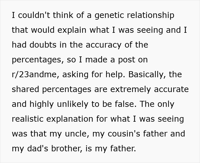 Text excerpt discussing DNA test results revealing a surprising family relationship causing major family chaos.