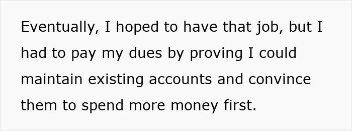 Text excerpt about a man maintaining accounts and proving his value before getting a job opportunity.