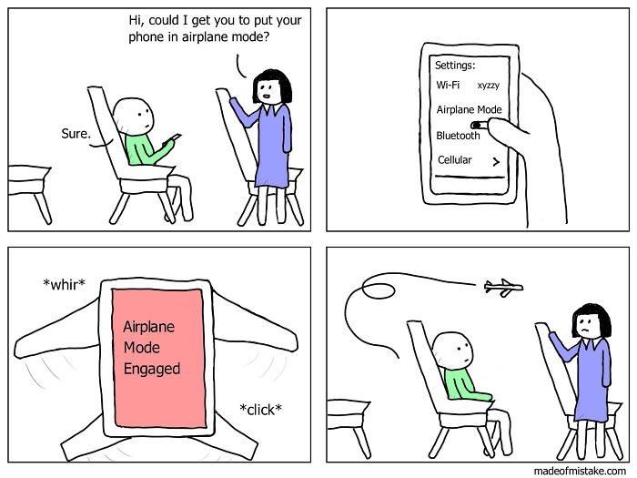 Minimalistic comic strip shows a humorous everyday observation about airplane mode and travel frustrations.