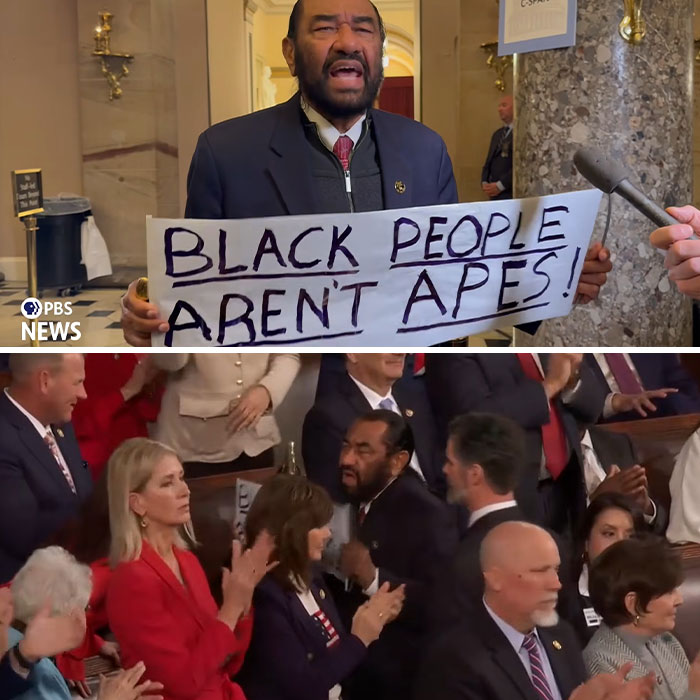 Man holding a protest sign during the viral moments at the State of the Union address, amid audience reactions.