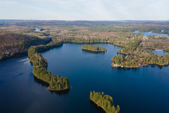 Aerial view of a forested archaeological job site near water, highlighting natural traps in the terrain and landscape features.