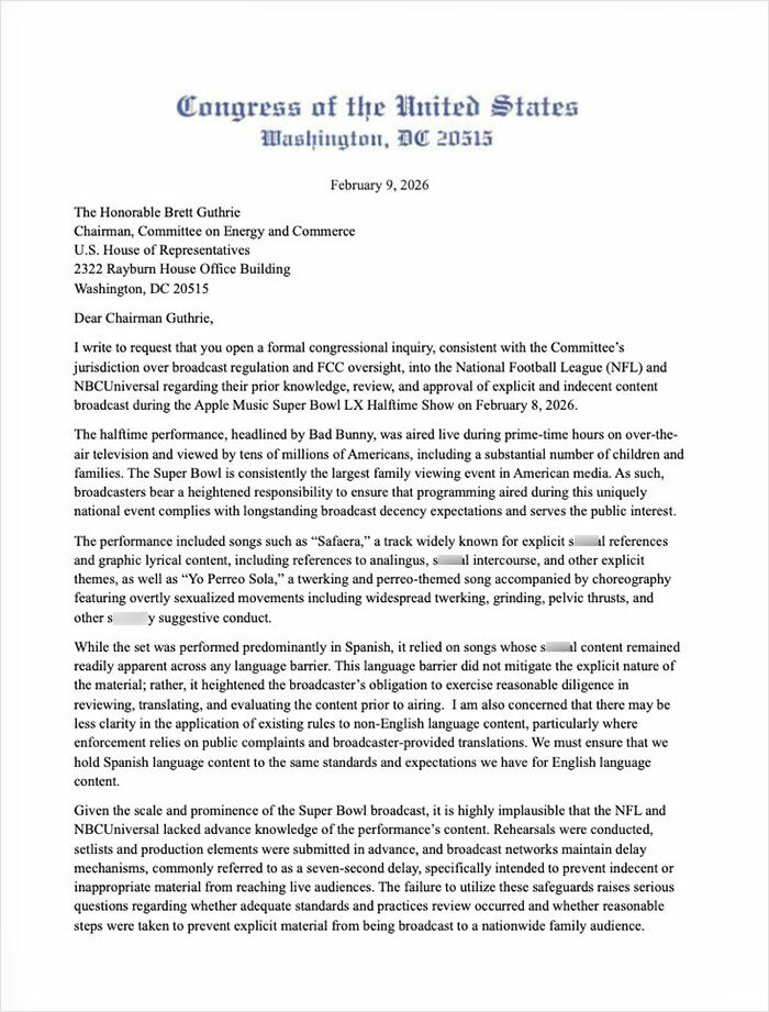 Congress letter requesting inquiry into NFL and NBCUniversal for airing explicit Bad Bunny lyrics during Super Bowl halftime show.