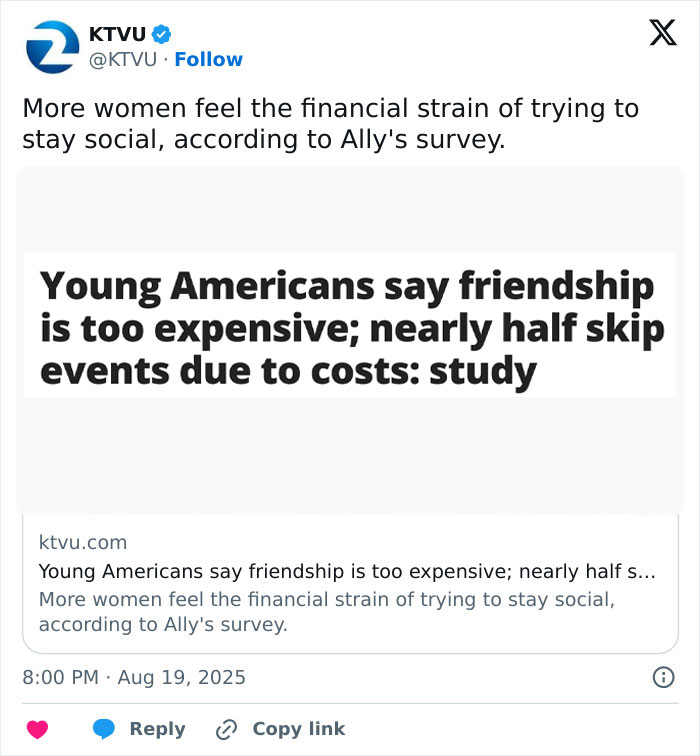 Tweet from KTVU about young Americans skipping social events due to high costs, highlighting consumerism's financial strain.