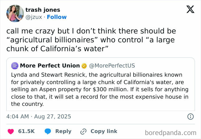 Tweet discussing agricultural billionaires controlling California’s water, highlighting consumerism and wealth concentration issues.