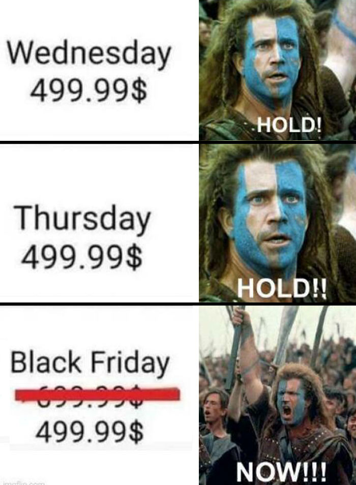 Meme showing consistent high prices with a Black Friday discount, reflecting brutal reminders of bad consumerism.