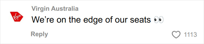 Virgin Australia social media post expressing excitement with text and eye emojis, relating to Australian woman love note story. Virgin Australia social media post expressing excitement with text and eye emojis, relating to Australian woman love note story.