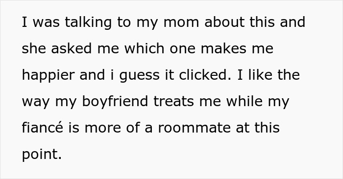 Text excerpt about woman considering leaving fianc&eacute; over boyfriend, reflecting on happiness and relationship dynamics.