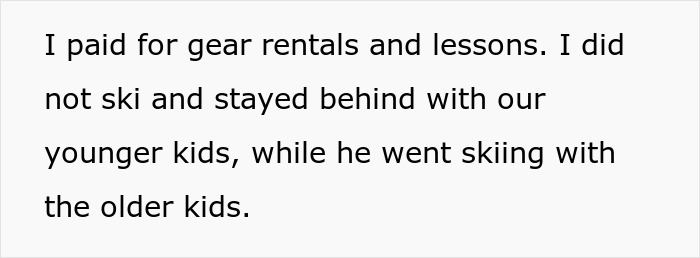 Woman panics after partner who makes five times her salary leaves their son without a ski pass during family trip.