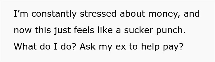 Woman panics about money and partner who makes 5x her salary leaving her son without a ski pass frustration text.