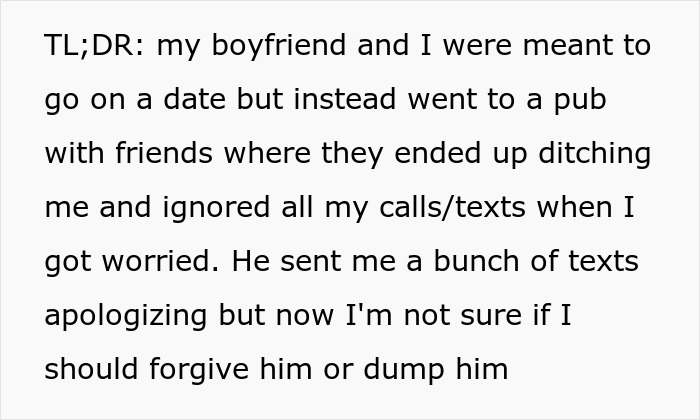 Text explaining a boyfriend abandoning his girlfriend on date night to hang out with friends, causing her distress and confusion.