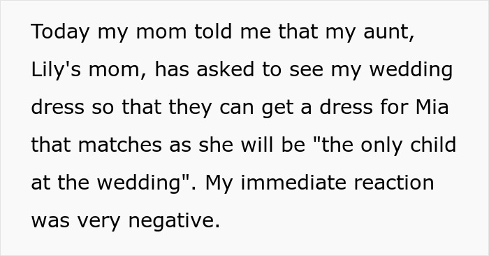 Text about an attention-seeking mom wanting to dress her 3-year-old daughter in the same wedding dress as the bride.