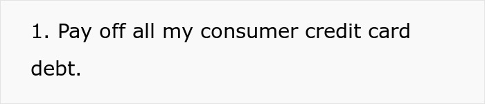 List item showing a financial goal to pay off all consumer credit card debt as part of fixing finances.