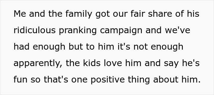 Text excerpt showing frustration over a groom pranking his BIL’s girlfriend instead of enjoying his wedding.