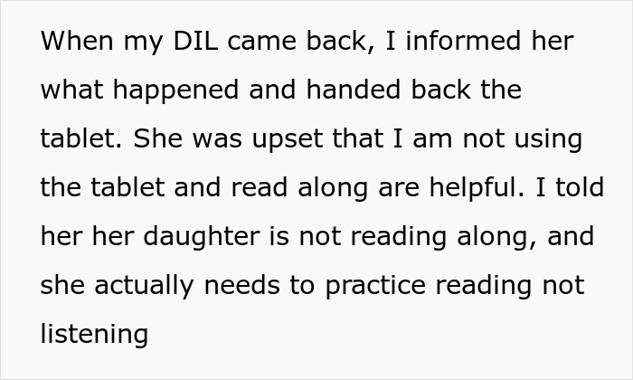 Text conversation about grandma teaching grandkid to read and DIL upset over tablet use during childcare.