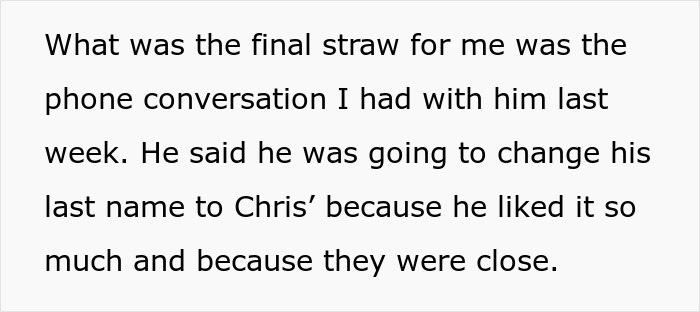 Text discussing drama over last name change after a guy spends more time with his biological dad and relationship shifts.