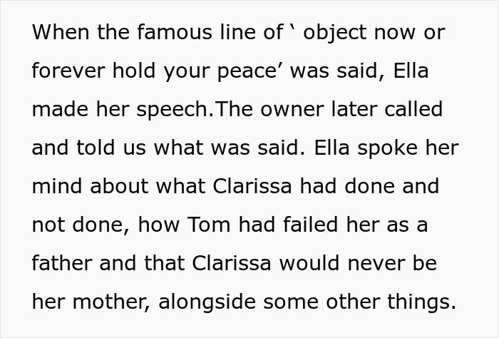 Text excerpt from a teen making sure stepmom is miserable by confronting family issues at a wedding event.