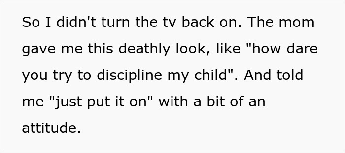 Text excerpt showing a person describing a mom&rsquo;s attitude after refusing to spoil her 3-year-old cousin's tantrum.