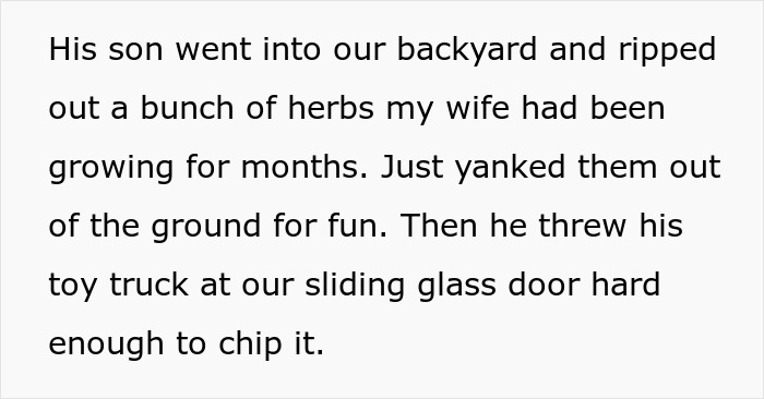 Text describing a sibling kicking out brother and his kids after no consequences parenting causes problems and conflict.