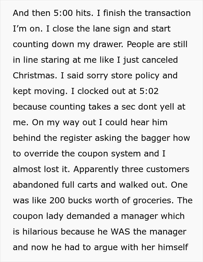 Text excerpt showing a cashier following store policy during a crisis while the manager loses control over overtime disputes.