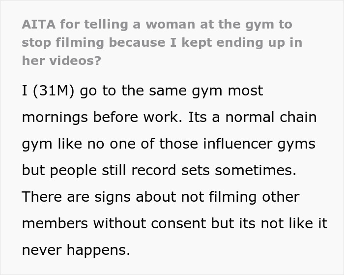 Text post about a man at the gym asking a woman to stop filming him, with discussion on gym filming consent issues.