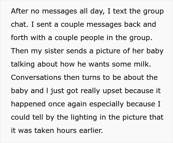 Text message excerpt showing frustration as mom brings up sister's kids during group chat conversation.