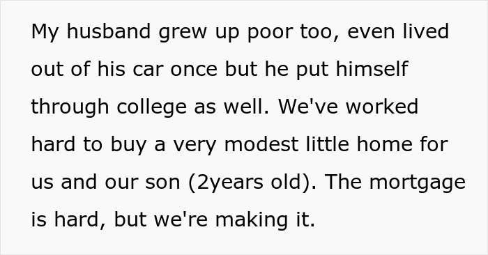 Text describing a pregnant sister living in a homeless shelter, sharing struggles and hopes for a modest home.