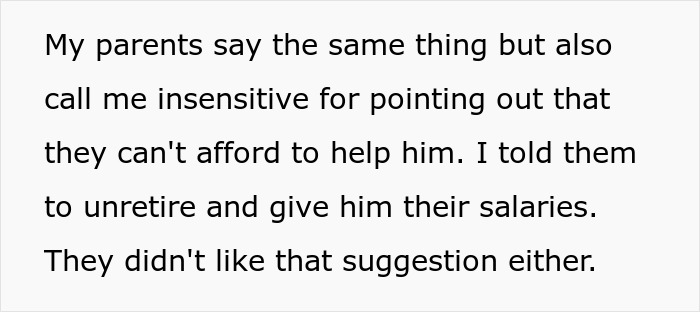 Text discussing parents' reaction to refusal to help spoiled brother, highlighting family conflict and responsibility.
