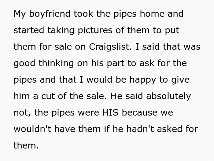 Text excerpt showing a boyfriend taking pictures of bike spare parts for sale and refusing to share profits with his girlfriend.