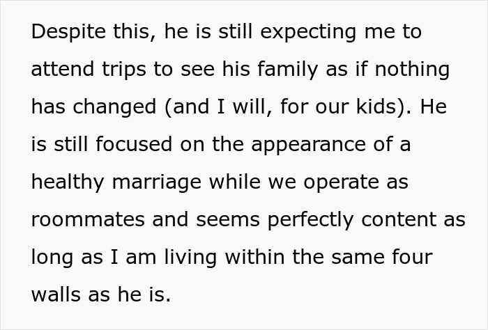 Text describing tired woman quiet quit marriage feelings of living like roommates with focus on appearances of a healthy marriage.