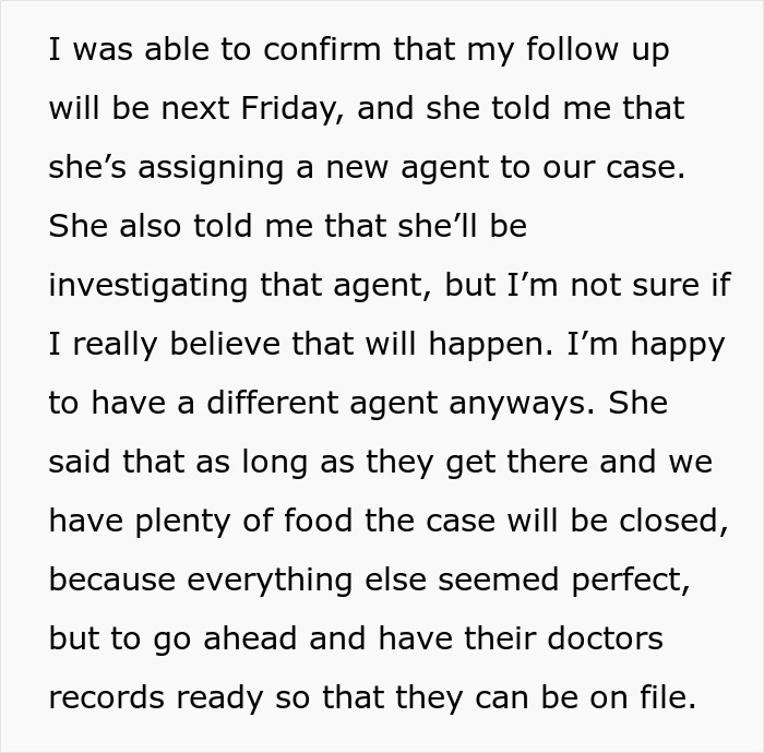 Text about CPS case update mentioning food availability and agent assignment in a family investigation context.