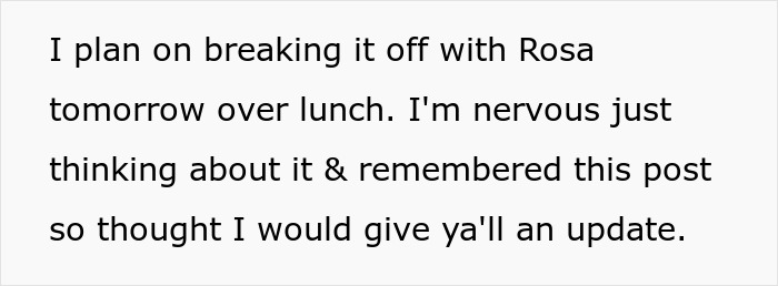 Text of a woman planning to break up with her fianc&eacute;, feeling nervous as she shares an update with her bestie.