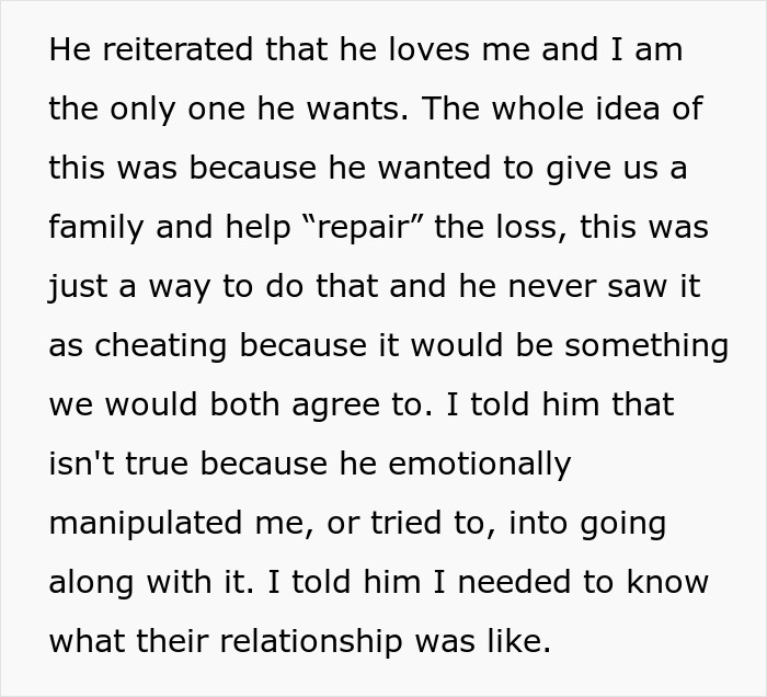 Text excerpt about infertile wife’s feelings on hubby’s baby-making plan involving a friend and emotional manipulation concerns.