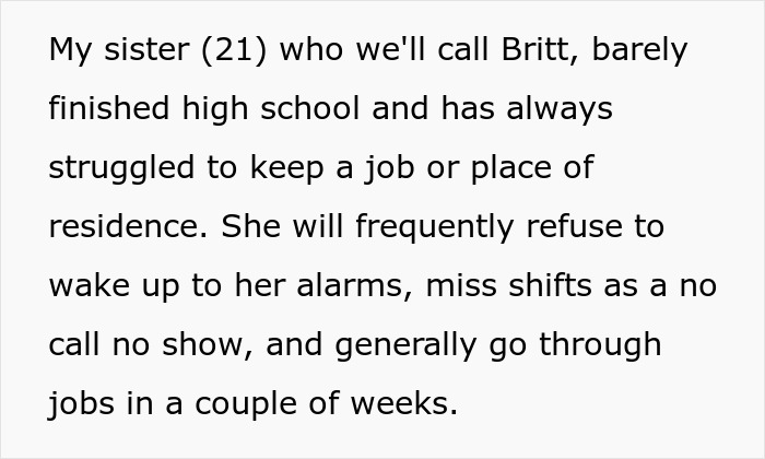 Text describing a pregnant sister struggling with homelessness and unstable jobs, staying in a homeless shelter.