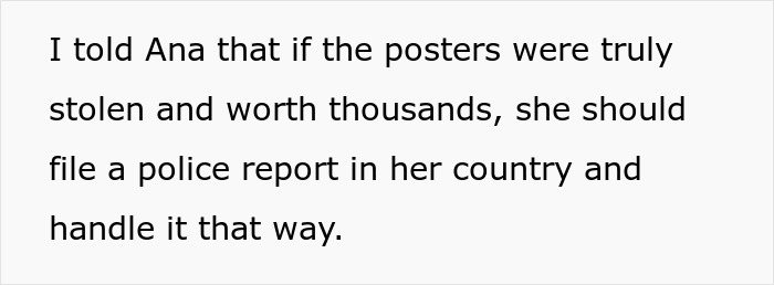 Text excerpt discussing stolen posters and advice to file a police report related to K-Pop fan rare merch dispute.