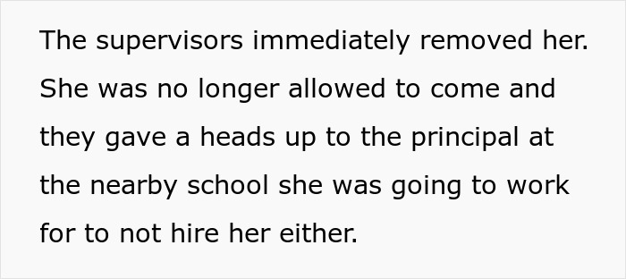 Text excerpt explaining a teacher being blacklisted by supervisors and principals at nearby schools after causing harm to a coworker.