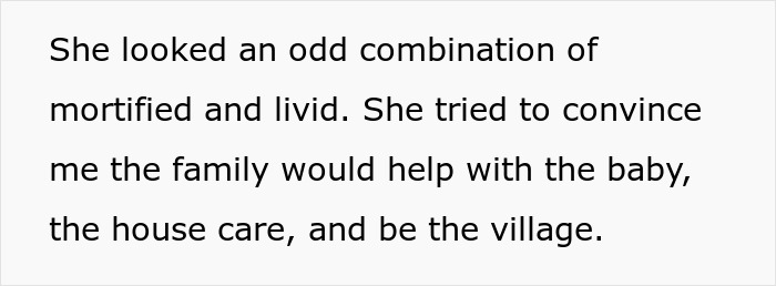 Text excerpt describing a woman’s emotions and her attempt to get family help with the baby and house care out of spite. Text excerpt describing a woman’s emotions and her attempt to get family help with the baby and house care out of spite.