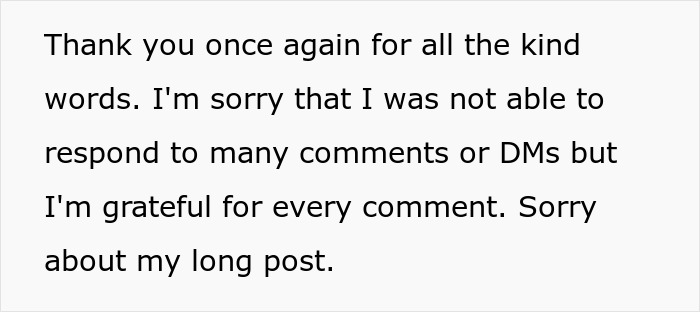 Text expressing gratitude for kind words and apologies for not responding to comments or DMs, related to bf confession younger sister trouble.