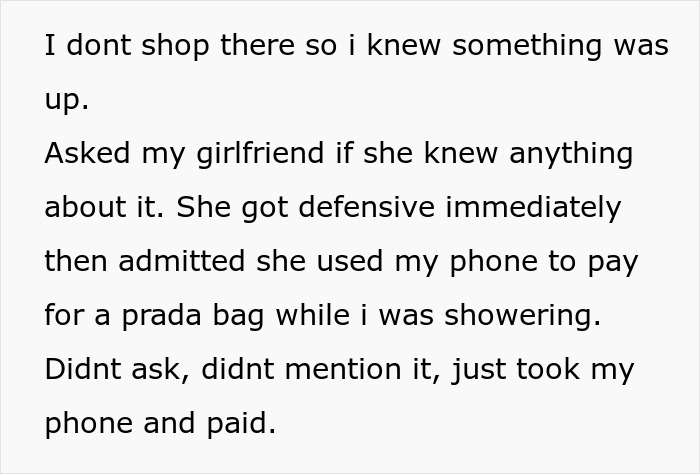 Text about girlfriend using phone to buy a bag without permission, highlighting girlfriend phone bag relationship trust issue.