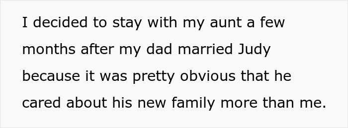 Text on white background describing someone staying with their aunt after dad chose new family over daughter.