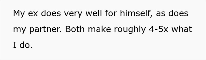 Text excerpt about partner and ex earning 4-5 times more, relating to woman panicking over ski pass issue.