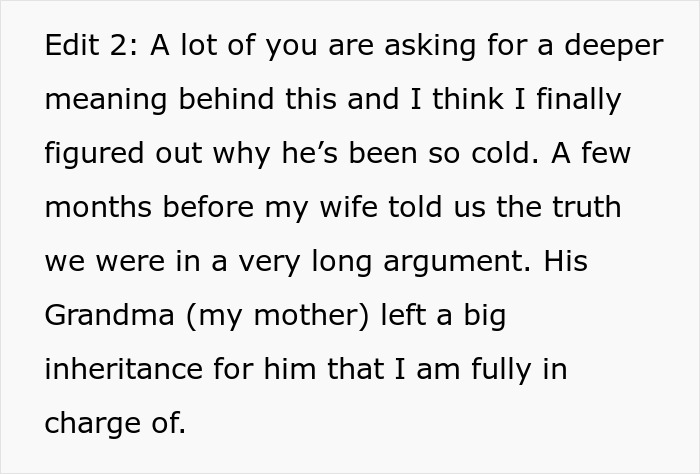 Text excerpt discussing drama over last name and relationship tensions involving bio dad and inheritance conflict.