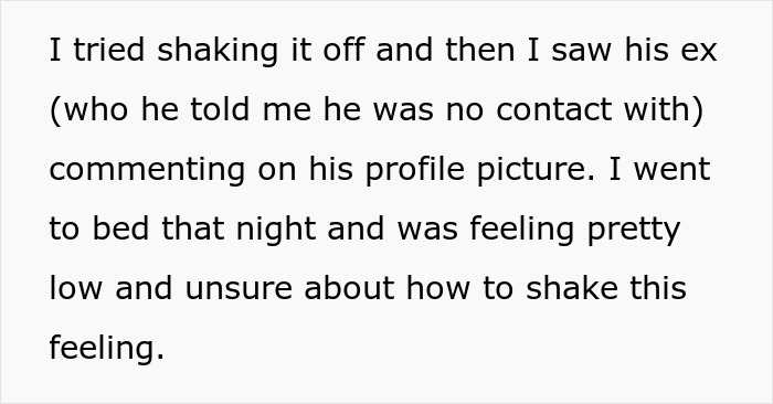 Text excerpt about woman feeling low and unsure after checking suspicious boyfriend's past and discovering he's already married.