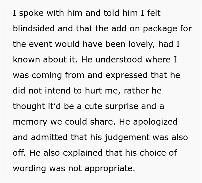 Text excerpt discussing feelings about a boyfriend's fake proposal surprise at a love museum event and apology.