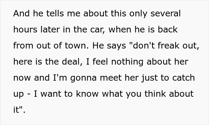 Text excerpt from married man texts woman he loved 15 years ago, telling wife not to freak out about meeting her.