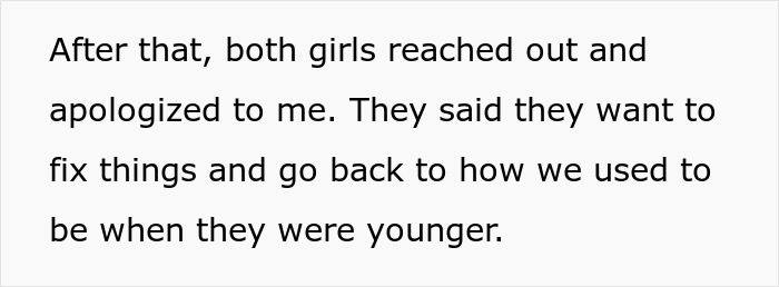 Text on white background showing a message about stepdaughters apologizing after cheating, lies, and broken relationship issues.